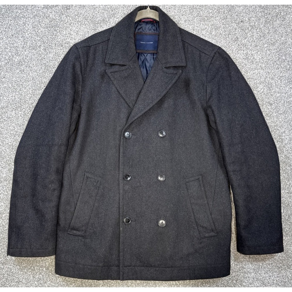 Tommy Hilfiger Peacoat Men's M Double Breasted Black Wool‎ Blend Winter Coat